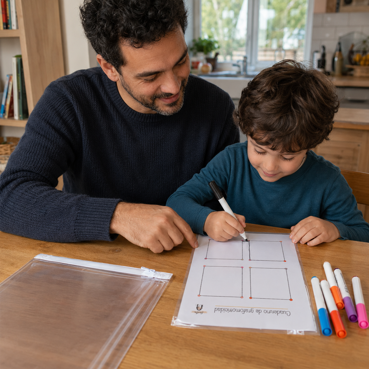 Nicolás acompañando a su hijo con una ficha de trazos