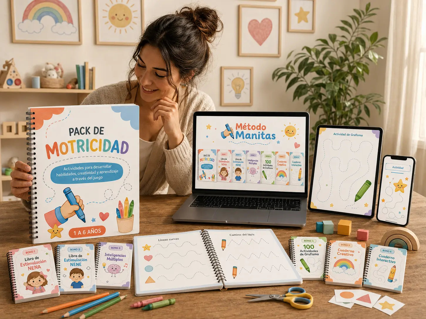 Mockup principal de Método Manitas con el pack, sus bonos y actividades